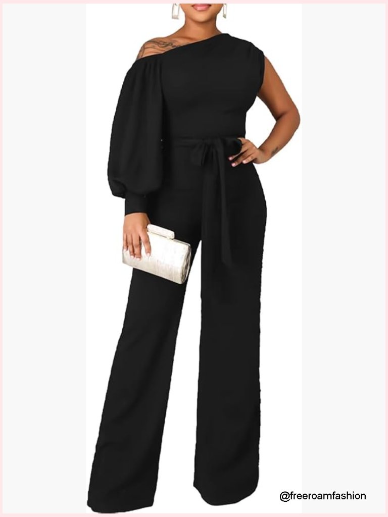 Women Embellished One Shoulder Wide Leg Jumpsuit Formal Party Romper